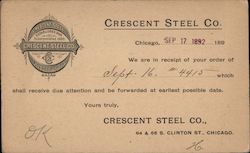 Crescent Steel Co. order receipt, 1892 Chicago, IL Advertising Postcard Postcard Postcard