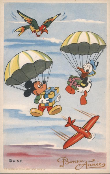 Bonne Annee. Mickey and Donald parachute from plane with presents, parrot