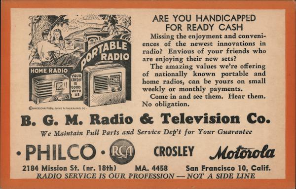 B.G.M. Radio & Television Co. San Francisco California