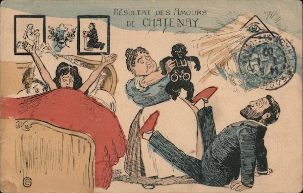 Resultat des Amours de Chatenay. Midwife hands white husband black baby, all seeing eye