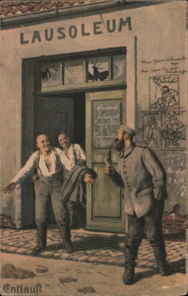 Entlauft. Men leaving lausoleum welcoming man smoking pipe