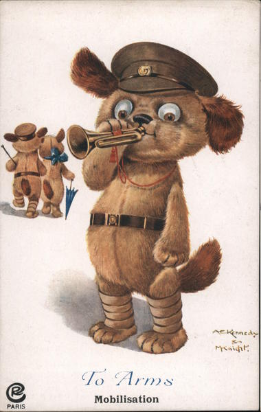 To Arms. Mobilisation. Dressed dogs, couple girl with bow and umbrella, bugle boy