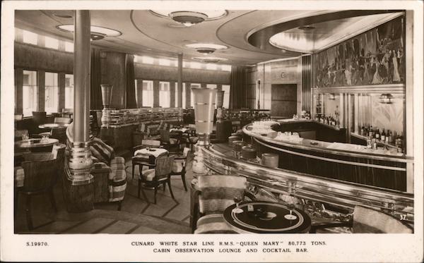 Cunard White Star Line R.M.S. Queen Mary. Cabin observation lounge and cocktail bar.