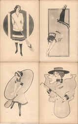 Set of 4: Sports College Girls Rowing, Diving, Tennis, Riding Postcard