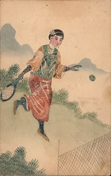 Chinese Stamp Montage Woman playing Tennis Postcard