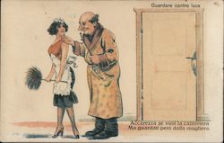 Hold card to light. Old man in dressing gown caressing maid under chin. Postcard