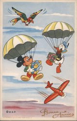 Bonne Annee. Mickey and Donald parachute from plane with presents, parrot Postcard