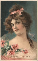 With all my love. Brunette girl with pink roses Postcard