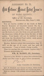 Assessment No. 31. Odd Fellows Mutual Relief Assoc'n of York County. June 7, 1888 Postcard