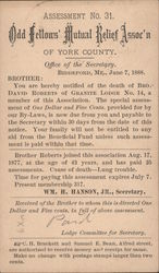 Assessment No. 31. Odd Fellows Mutual Relief Assoc'n of York County. June 7, 1888 Fraternal Postcard Postcard Postcard