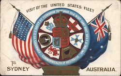 Visit of the United States Fleet to Sydney Australia Aug 1908, flags, shields Postcard