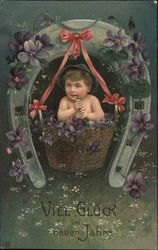 Viel Gluck im neuen Jahre. Horseshoe, violets, baby with pipe in basket of violets New Year's Postcard Postcard Postcard