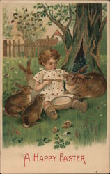 Happy Easter -- Child Feeding Bunnies Postcard