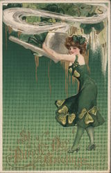 St. Patrick's Day Greetings. Girl in irish dress, shamrocks, green plaid Postcard