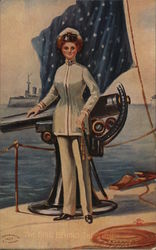 Navy Girl: The girl behind the gun. Girl with gun on battle ship Postcard