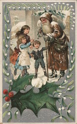 Santa Claus Carrying a Sack and Christmas Tree Surrounded by Children Postcard