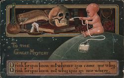 To the great mystery. Baby sitting on globe giving milk nipple to skull sitting on book. C. Ryan Postcard Postcard Postcard