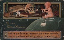 To the great mystery. Baby sitting on globe giving milk nipple to skull sitting on book. Postcard