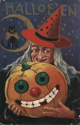Halloe'en Witch Holding Jack-O-Lantern Halloween Postcard Postcard Postcard