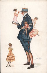 WWI Soldier Holding several miniature women. Postcard