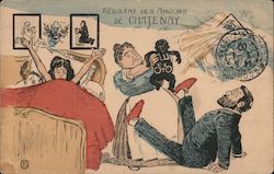 Resultat des Amours de Chatenay. Midwife hands white husband black baby, all seeing eye Postcard