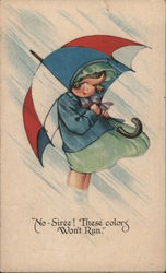 No - Siree! These colors won't run. Girl under umbrella in rain Postcard