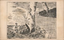 Giant Uncle Sam has foot in U.S. and other in France. Germany says I don't need this magnifying glass. Postcard