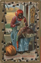 Thanksgiving greetings, Mammy plucking turkey, pumpkin Postcard