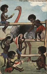 Little Africans Pluck an Ostrich to Feather Their Hats Postcard