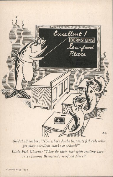 School of Fish Cartoon for Bernstein's Fish Grottos San Francisco California