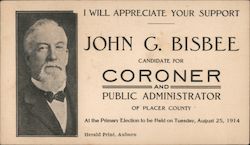 John G. Bisbee for Coroner and Public Administrator of Placer County Trade Card