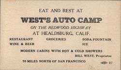 West's Auto Camp Healdsburg, CA Trade Card Trade Card Trade Card