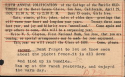 Fifth Annual Jollification of the College of the Pacific Old-Timers, 1939 Postcard