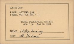 RSVP card for an event at Hotel Occidental, 1933 Postcard