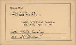 RSVP card for an event at Hotel Occidental, 1933 Santa Rosa, CA Postcard Postcard Postcard