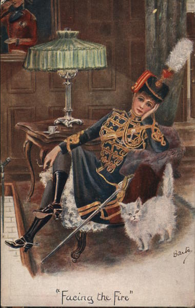 Facing The Fire (Woman in military or band uniform, and cat) London UK