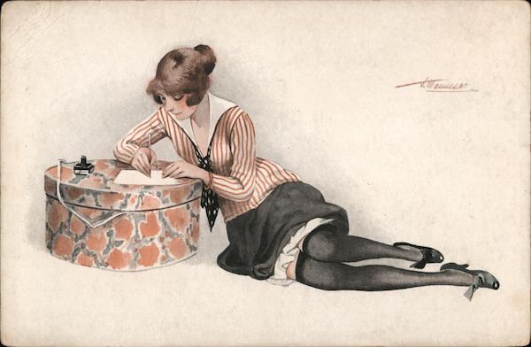 Woman writing a letter on a hat box Suzanne Meunier
