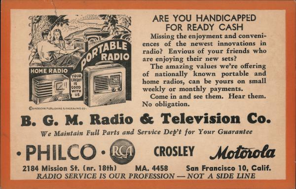 B.G.M. Radio & Television Company San Francisco California