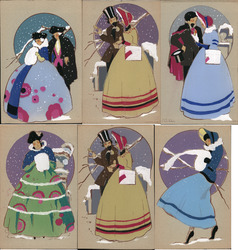 Set of 6: French Art Deco Women, Couples Winter Scenes Postcard