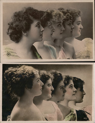 Lot of 2: Group of Women in Profile, Tinted Postcard