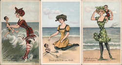 Lot of 3: Superior Women, Tiny Men at Beach Postcard