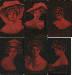 Lot of 6: Red Tinted "Gibson" Girl Style cards Postcard
