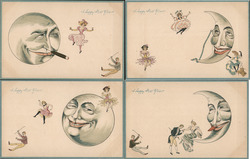 Lot of 4: Man in the Moon,  Happy New Year People Postcard