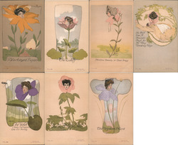 Lot of 7: Fantasy Women's Heads in Flowers Art Nouveau Postcard