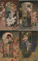 Lot of 4 Art Nouveau Women Postcard