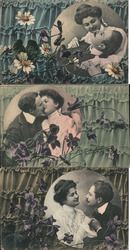 Lot of 3: Couple Vignette with Flowers Postcard