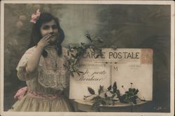 Girl with large postcard France Post Card Clubs, Collecting, Deltiology JK Postcard Postcard Postcard