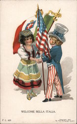 Welcome Bella Italia (Italian girl and Uncle Sam boy with flags) Postcard