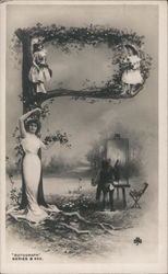 P - Artist Painting, Girls Perching, Woman Posing Alphabet Letters Postcard Postcard Postcard