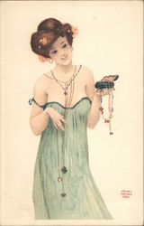 Girl With Good Luck Charms, 4-Leaf Clover (Reproduction) Postcard